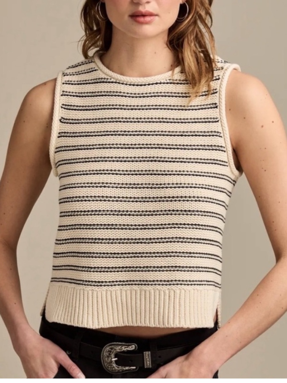 Lucky Brand Cream Knit sleeveless Pullover with Black Stripe